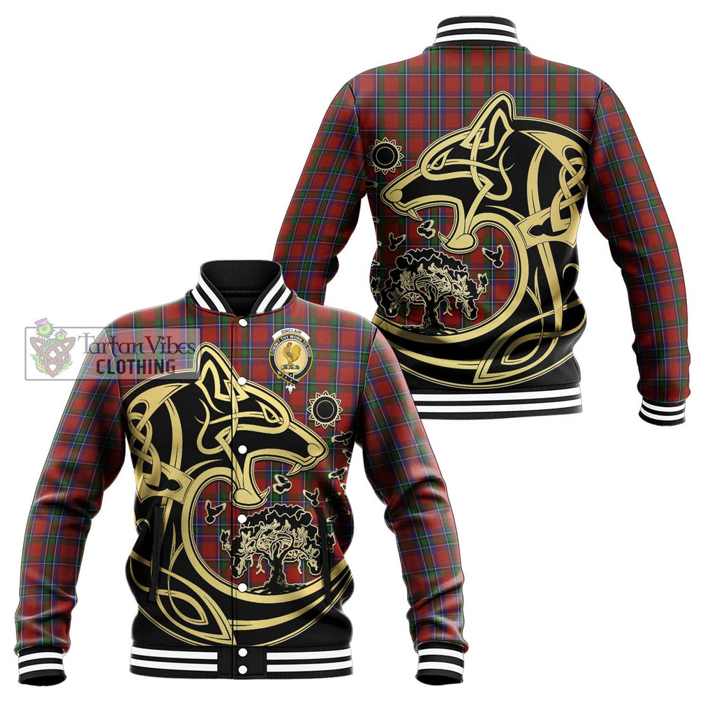 Sinclair Tartan Baseball Jacket with Family Crest Celtic Wolf Style Unisex - Tartan Vibes Clothing