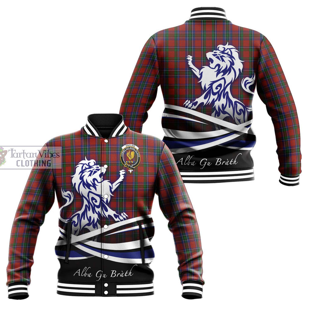 Sinclair Tartan Baseball Jacket with Alba Gu Brath Regal Lion Emblem Unisex - Tartanvibesclothing Shop