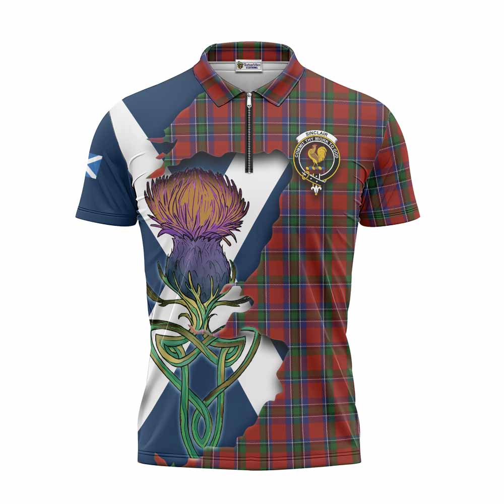 Sinclair Tartan Family Crest Zipper Polo Shirt Scottish Thistle Celtic Inspired Unisex - Tartan Vibes Clothing