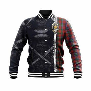 Sinclair Tartan Baseball Jacket with Family Crest Cross Sword Thistle Celtic Vibes