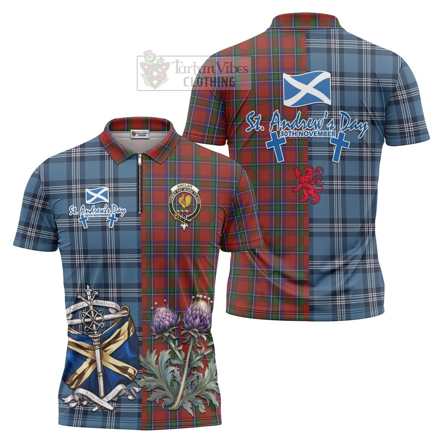 Tartan Vibes Clothing Sinclair Tartan Zipper Polo Shirt Happy St. Andrew's Day Half Tartan Style