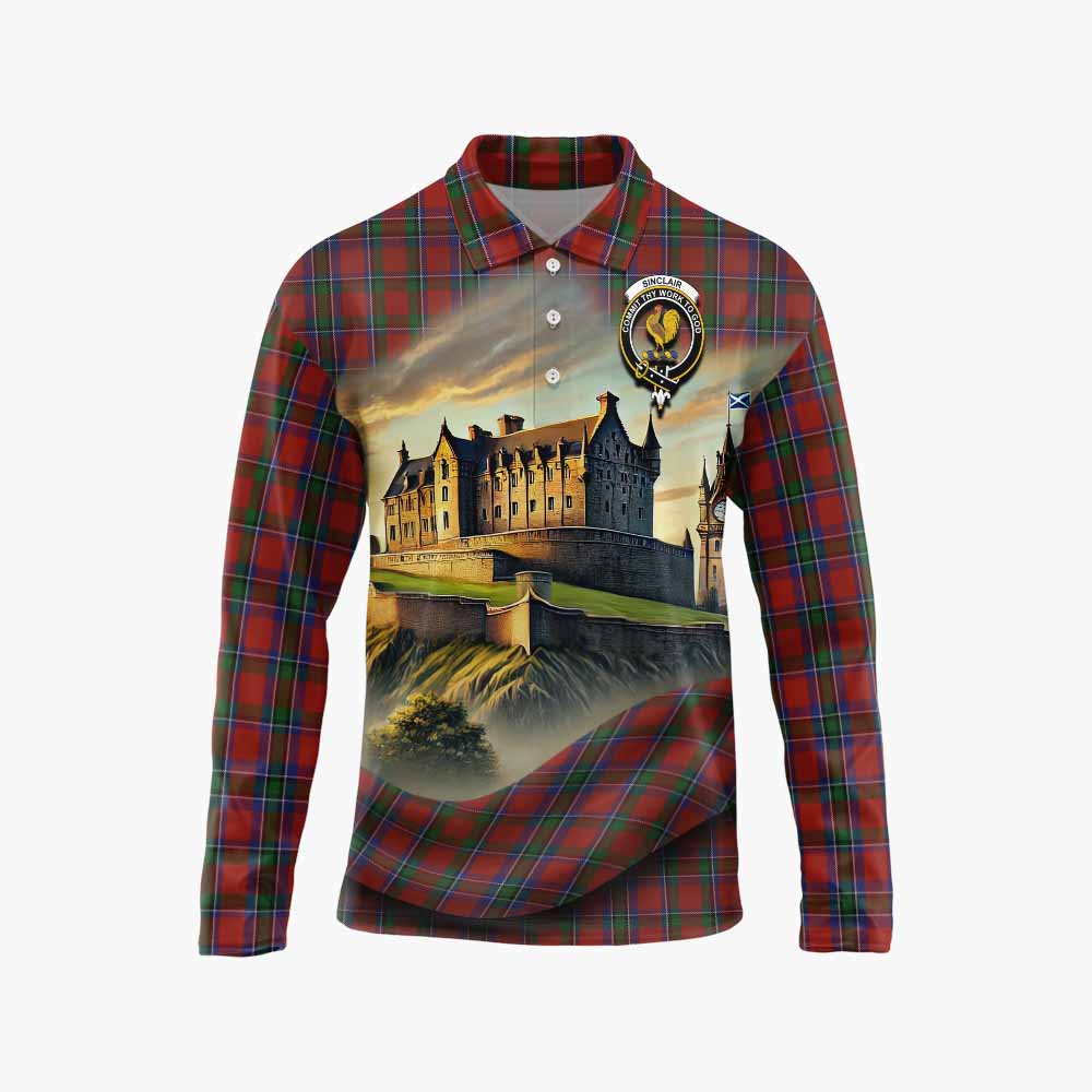 Sinclair Tartan Family Crest Long Sleeve Polo Shirt with Scottish Ancient Castle Style Unisex - Tartan Vibes Clothing