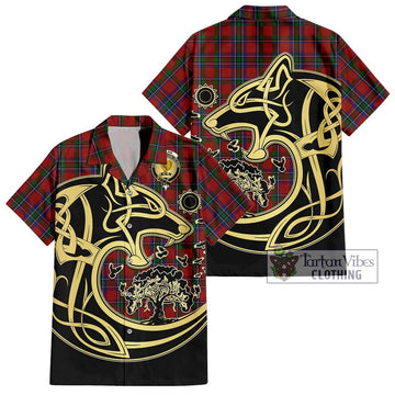 Sinclair Tartan Short Sleeve Button Shirt with Family Crest Celtic Wolf Style