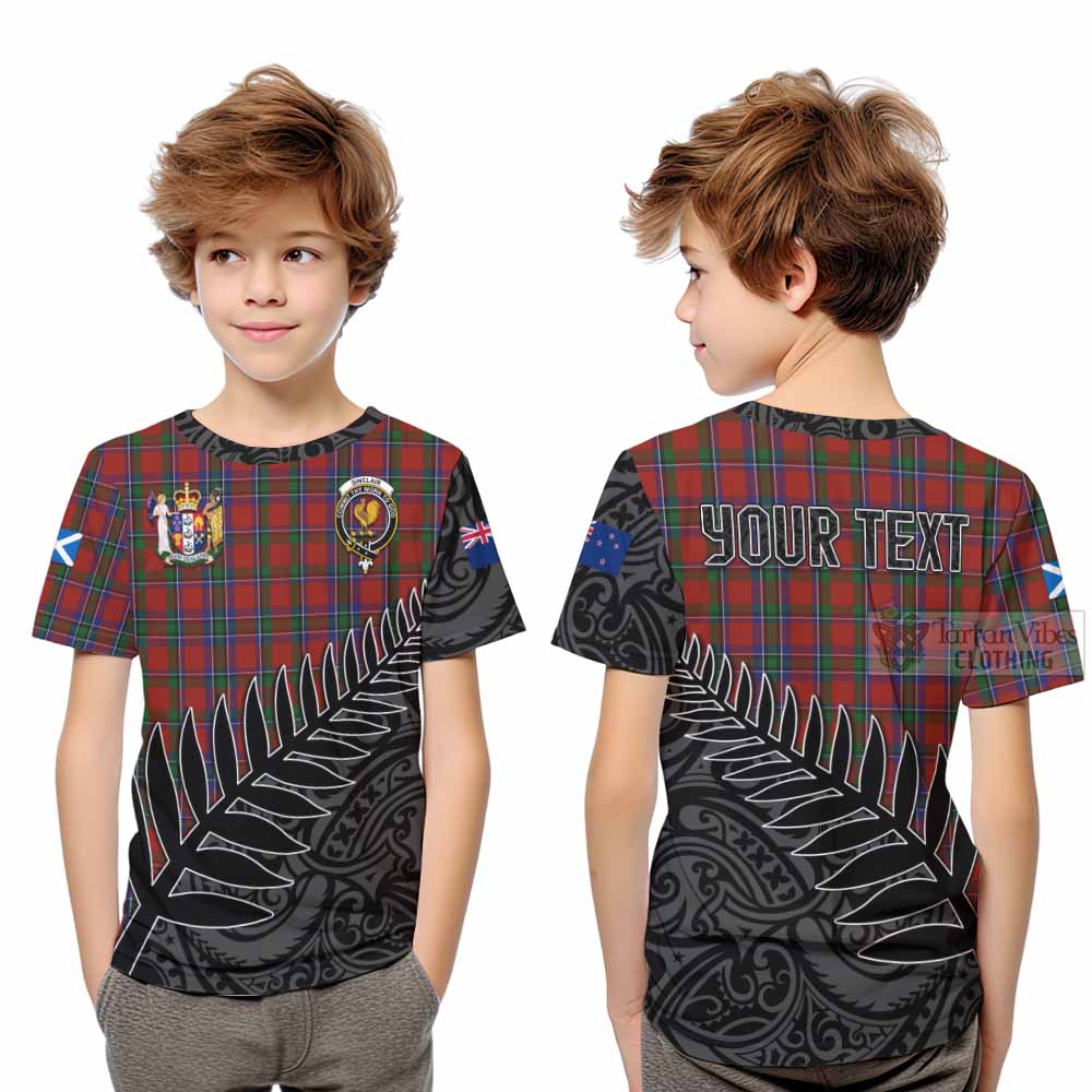 Tartan Vibes Clothing Sinclair Crest Tartan Kid T-Shirt with New Zealand Silver Fern Half Style