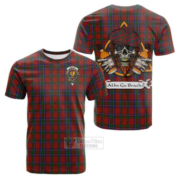 Sinclair Tartan Cotton T-shirt with Family Crest and Bearded Skull Holding Bottles of Whiskey