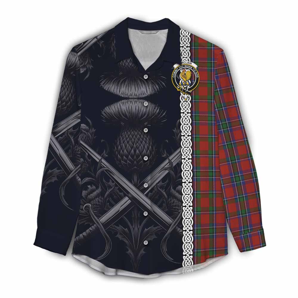Sinclair Tartan Women's Casual Shirt with Family Crest Cross Sword Thistle Celtic Vibes Female - Tartan Vibes Clothing