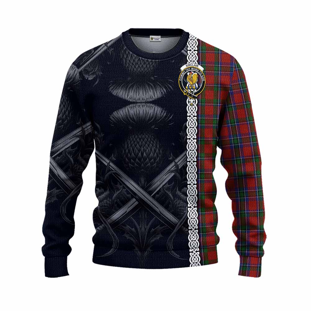Sinclair Tartan Knitted Sweater with Family Crest Cross Sword Thistle Celtic Vibes Unisex - Tartan Vibes Clothing