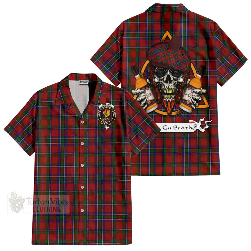 Tartan Vibes Clothing Sinclair Tartan Short Sleeve Button Shirt with Family Crest and Bearded Skull Holding Bottles of Whiskey