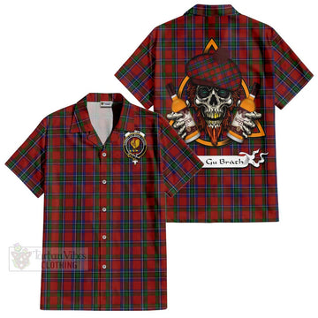 Sinclair Tartan Short Sleeve Button Shirt with Family Crest and Bearded Skull Holding Bottles of Whiskey