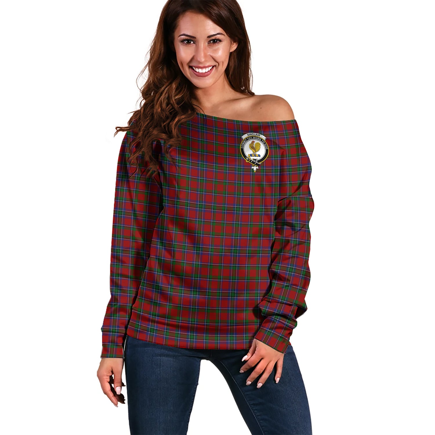 Sinclair Tartan Off Shoulder Women Sweater with Family Crest Women - Tartanvibesclothing Shop