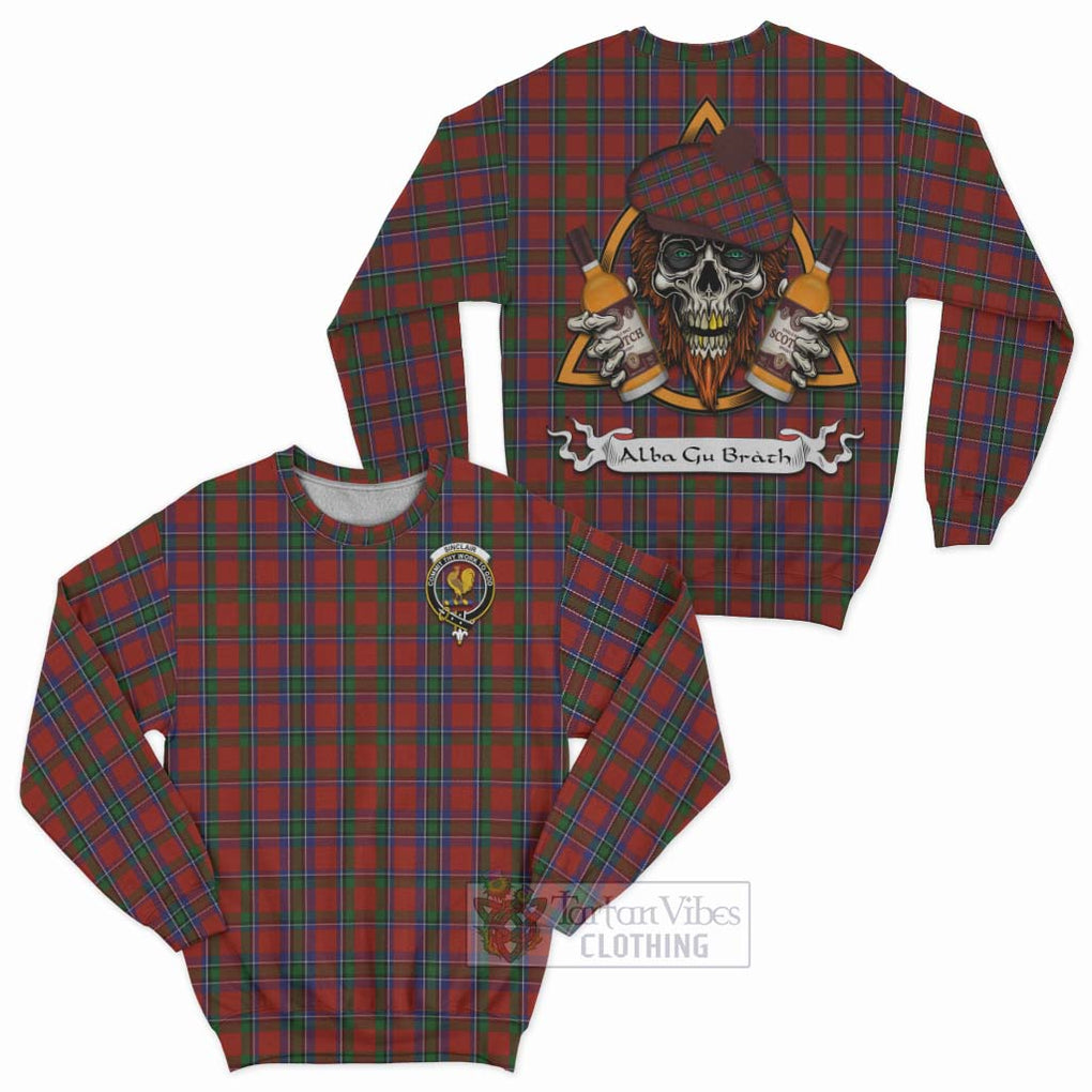 Tartan Vibes Clothing Sinclair Tartan Sweatshirt with Family Crest and Bearded Skull Holding Bottles of Whiskey