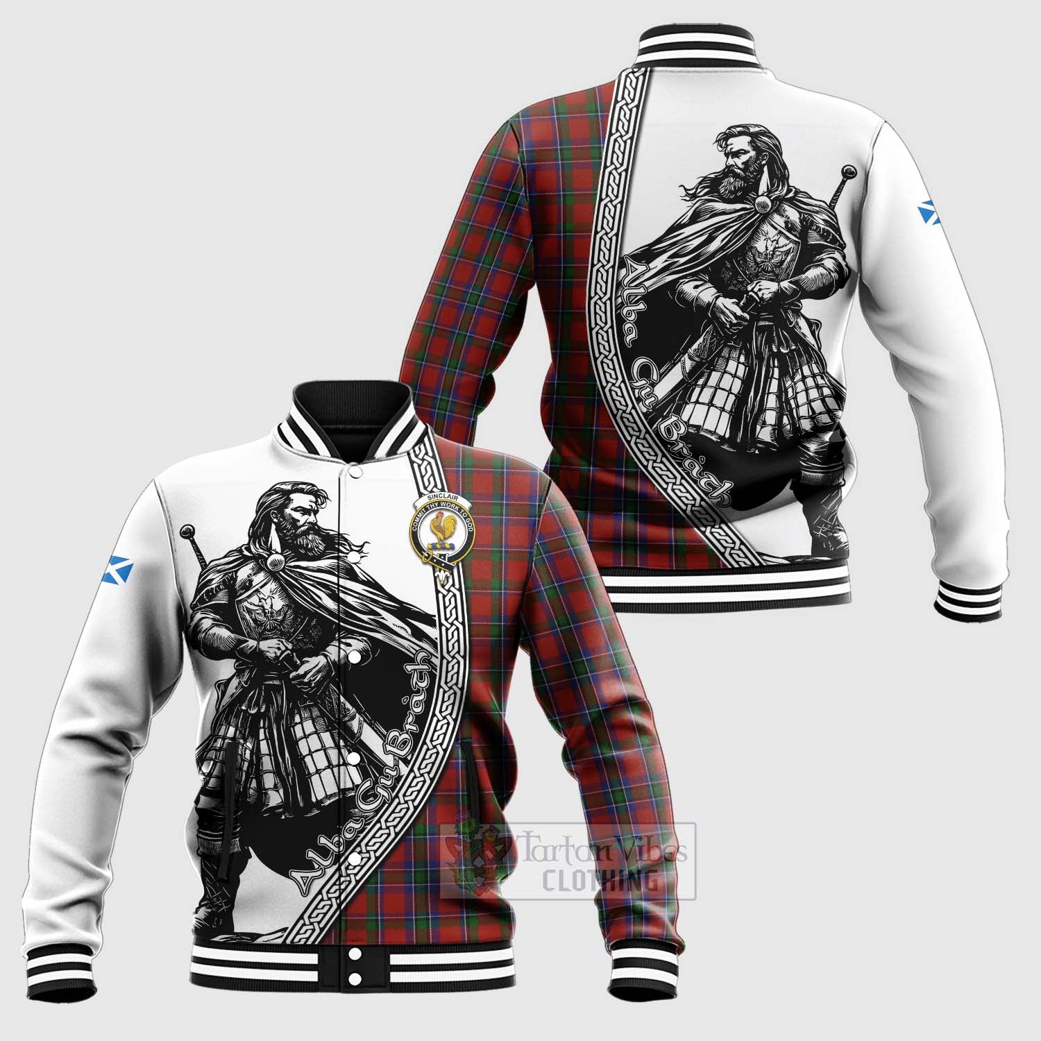 Tartan Vibes Clothing Sinclair Tartan Clan Crest Baseball Jacket with Highlander Warrior Celtic Style