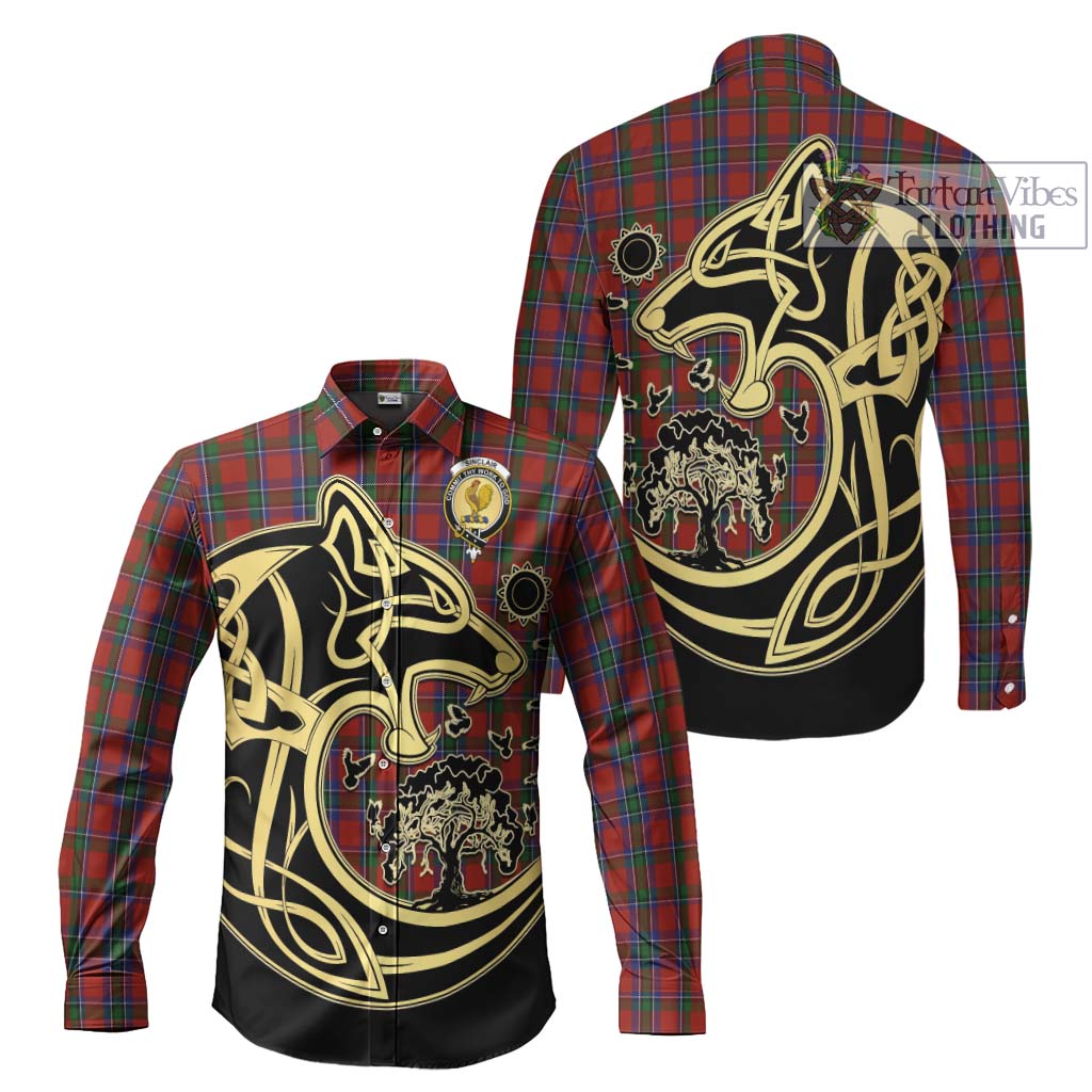 Sinclair Tartan Long Sleeve Button Shirt with Family Crest Celtic Wolf Style Men's Shirt S - Tartan Vibes Clothing