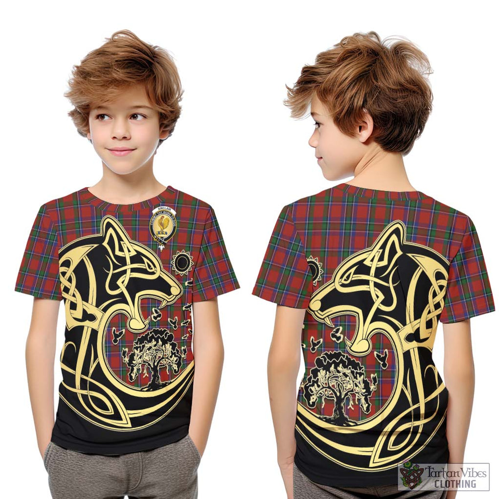 Sinclair Tartan Kid T-Shirt with Family Crest Celtic Wolf Style Youth XL Size14 - Tartan Vibes Clothing