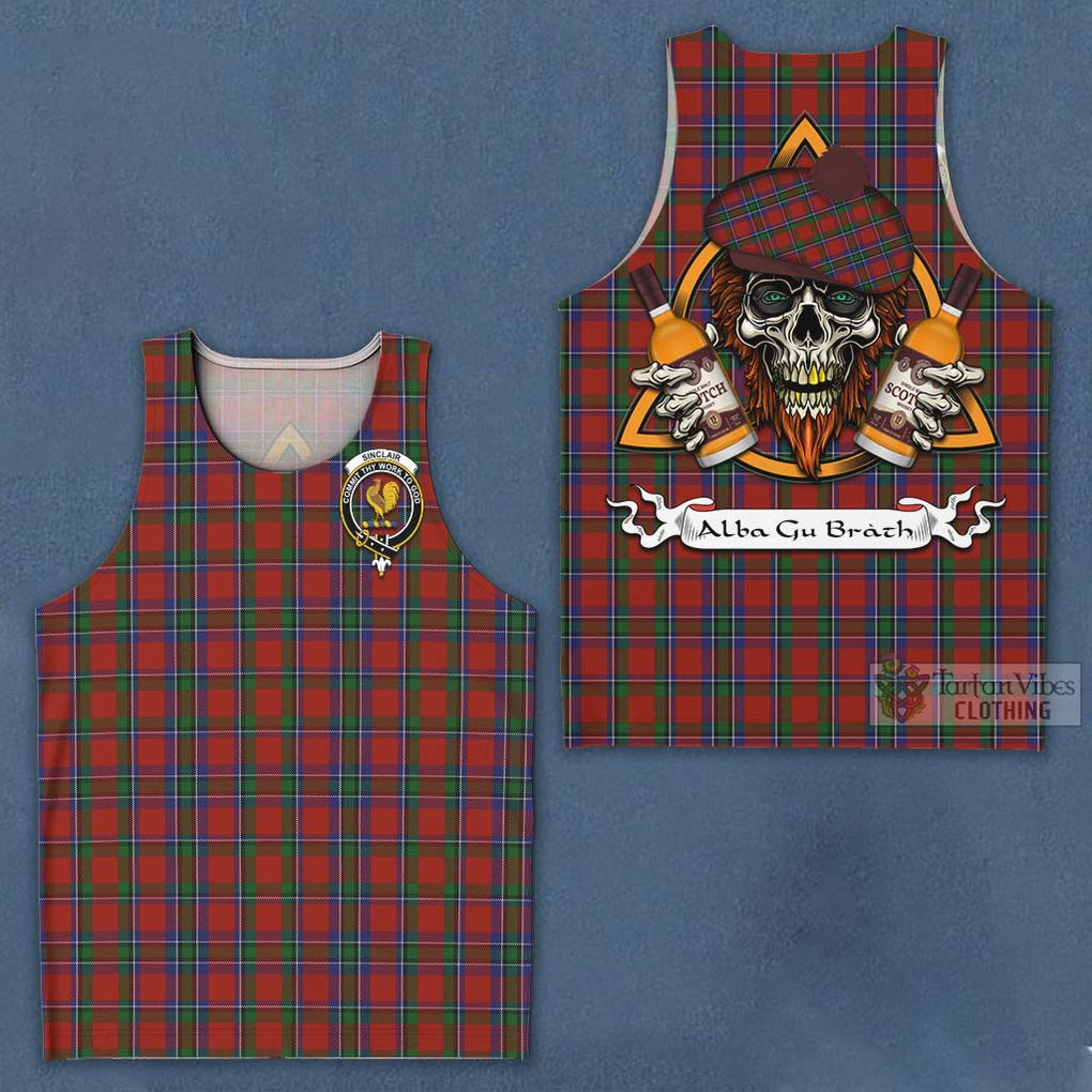 Tartan Vibes Clothing Sinclair Tartan Men's Tank Top with Family Crest and Bearded Skull Holding Bottles of Whiskey