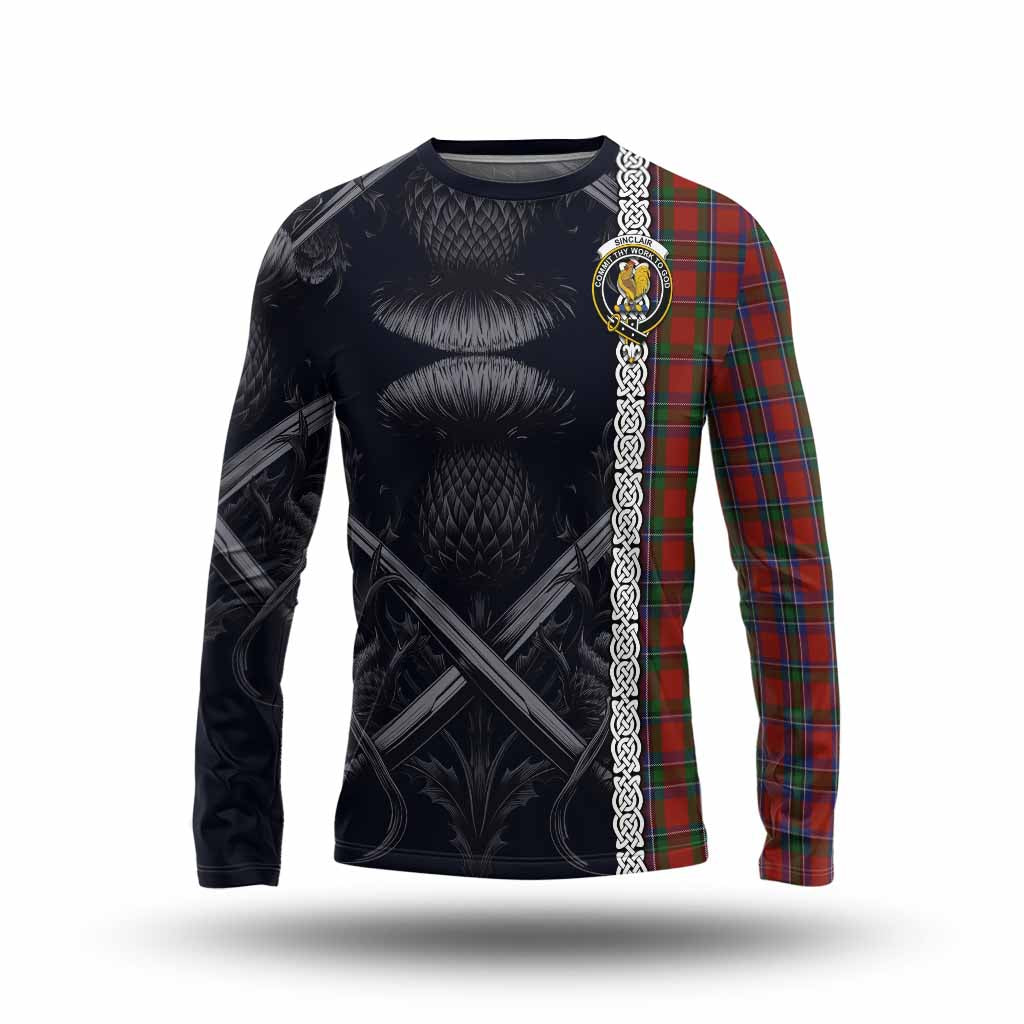 Tartan Vibes Clothing Sinclair Tartan Long Sleeve T-Shirt with Family Crest Cross Sword Thistle Celtic Vibes