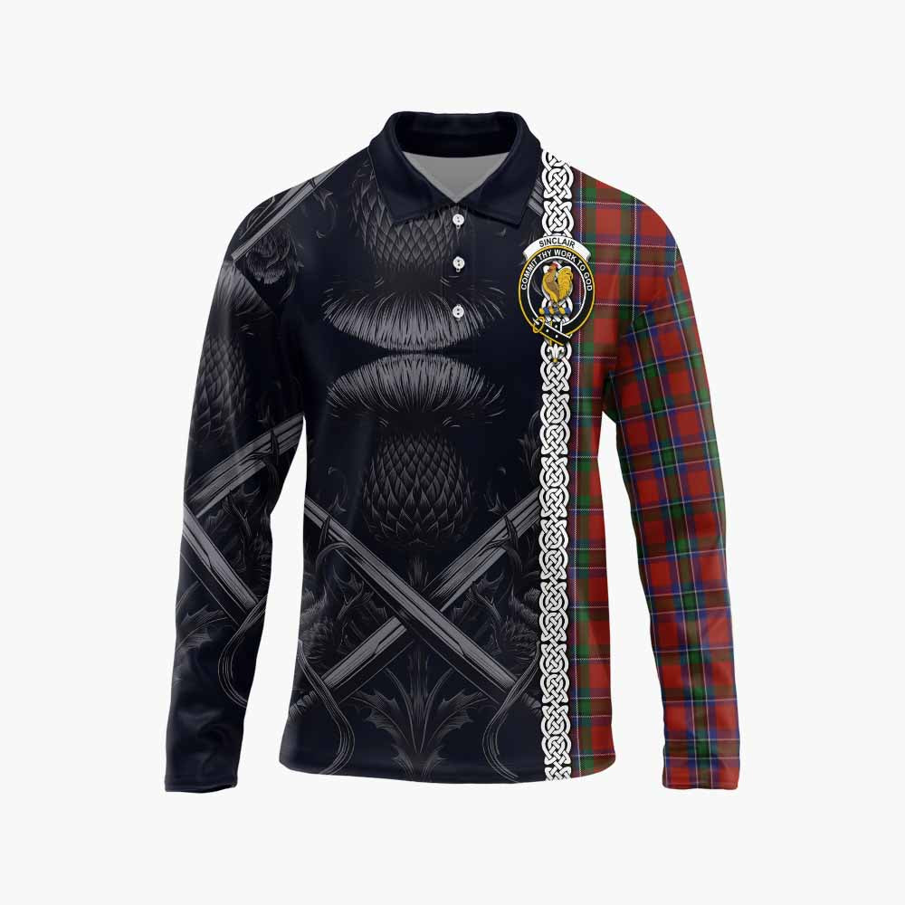 Sinclair Tartan Long Sleeve Polo Shirt with Family Crest Cross Sword Thistle Celtic Vibes Unisex - Tartan Vibes Clothing