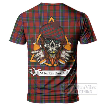 Sinclair Tartan T-Shirt with Family Crest and Bearded Skull Holding Bottles of Whiskey