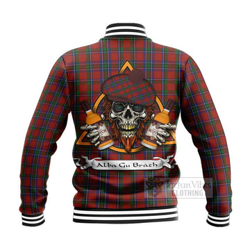 Sinclair Tartan Baseball Jacket with Family Crest and Bearded Skull Holding Bottles of Whiskey