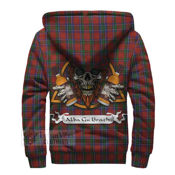 Sinclair Tartan Sherpa Hoodie with Family Crest and Bearded Skull Holding Bottles of Whiskey