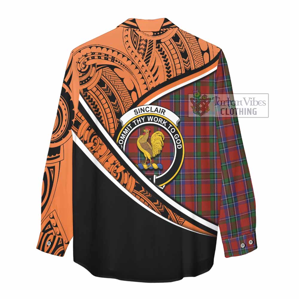 Tartan Vibes Clothing Sinclair Crest Tartan Women's Casual Shirt with Maori Tattoo Style - Orange Version