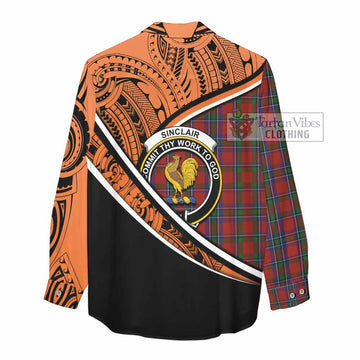 Sinclair Crest Tartan Women's Casual Shirt with Polynesian Vibes Style - Orange Version