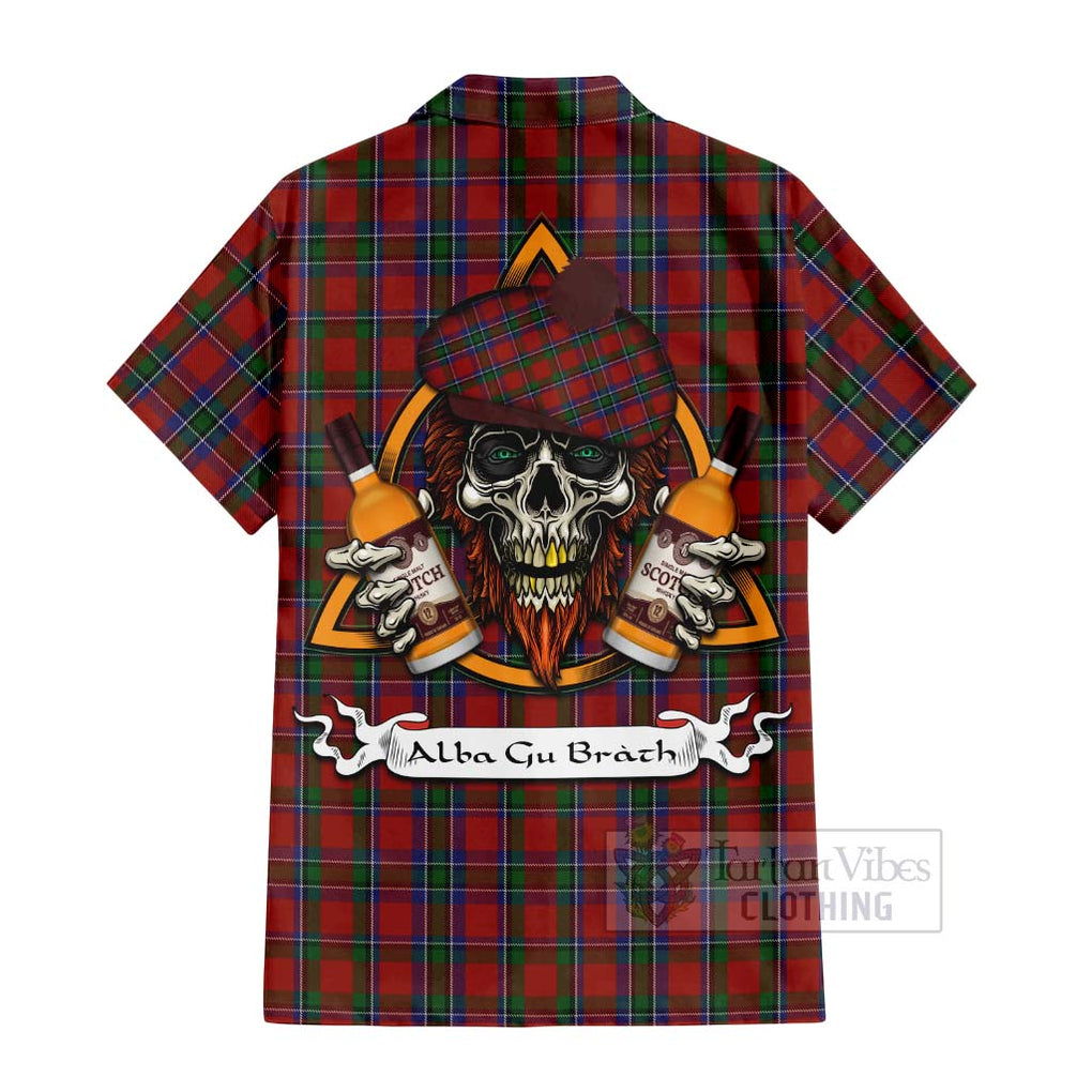 Tartan Vibes Clothing Sinclair Tartan Short Sleeve Button Shirt with Family Crest and Bearded Skull Holding Bottles of Whiskey