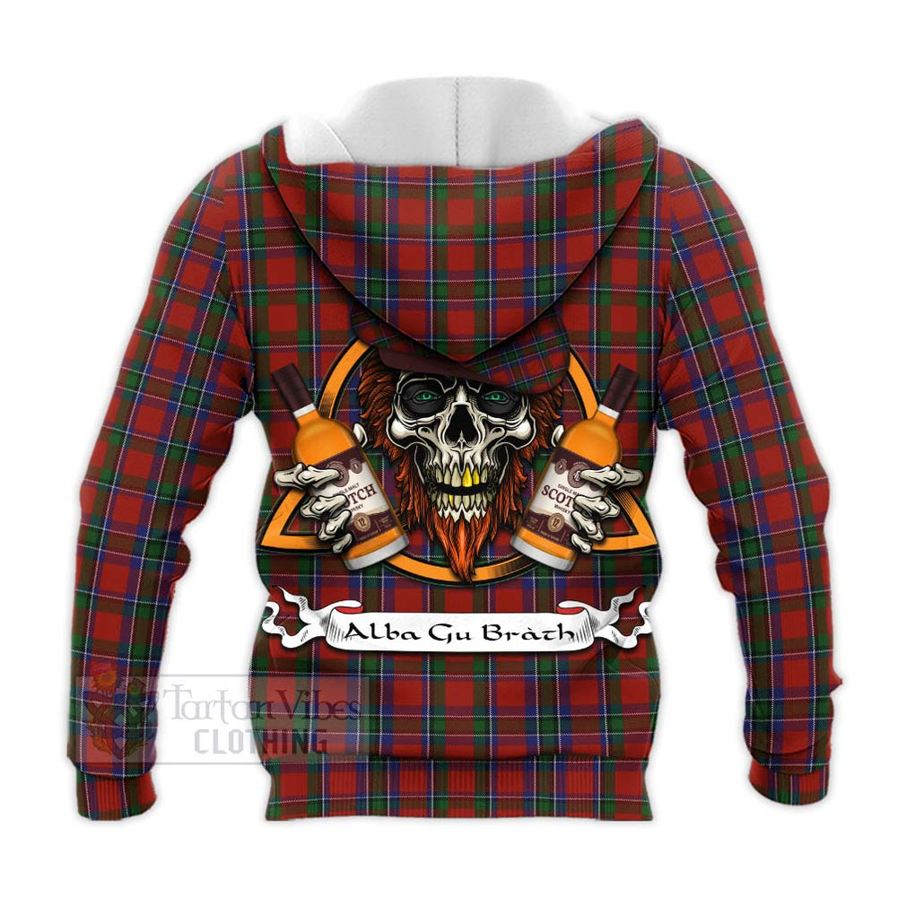 Tartan Vibes Clothing Sinclair Tartan Knitted Hoodie with Family Crest and Bearded Skull Holding Bottles of Whiskey