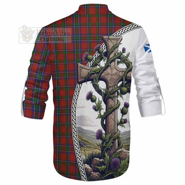 Sinclair Tartan Ghillie Kilt Shirt with Family Crest and St. Andrew's Cross Accented by Thistle Vines