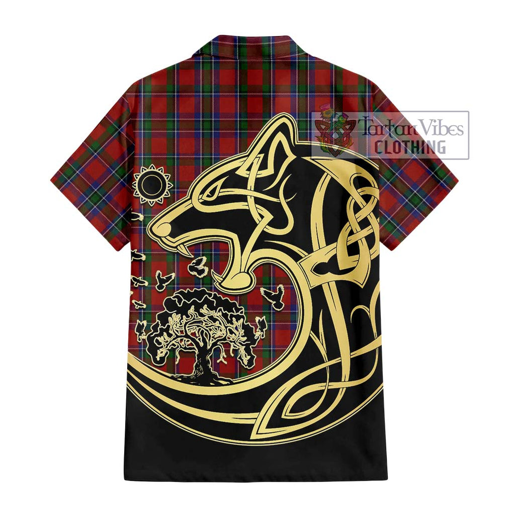 Sinclair Tartan Short Sleeve Button Shirt with Family Crest Celtic Wolf Style - Tartan Vibes Clothing