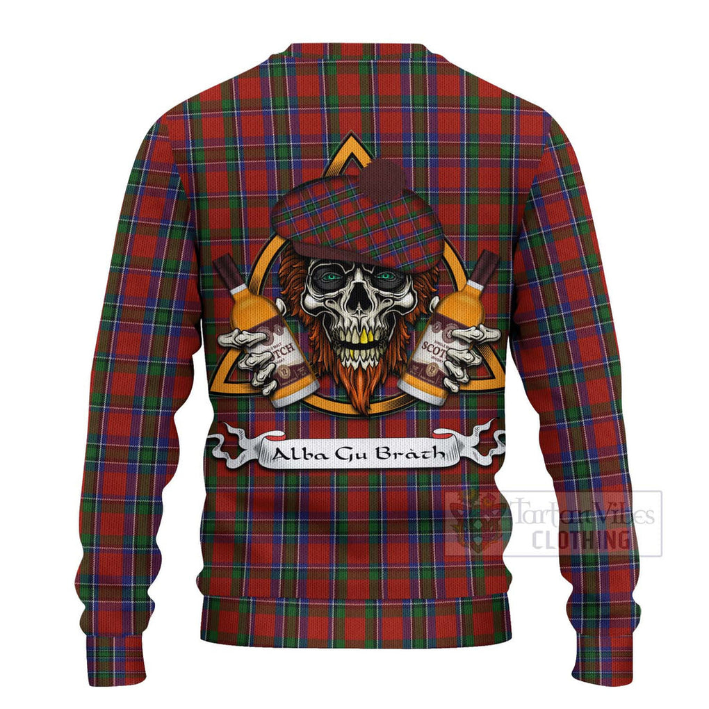 Tartan Vibes Clothing Sinclair Tartan Knitted Sweater with Family Crest and Bearded Skull Holding Bottles of Whiskey