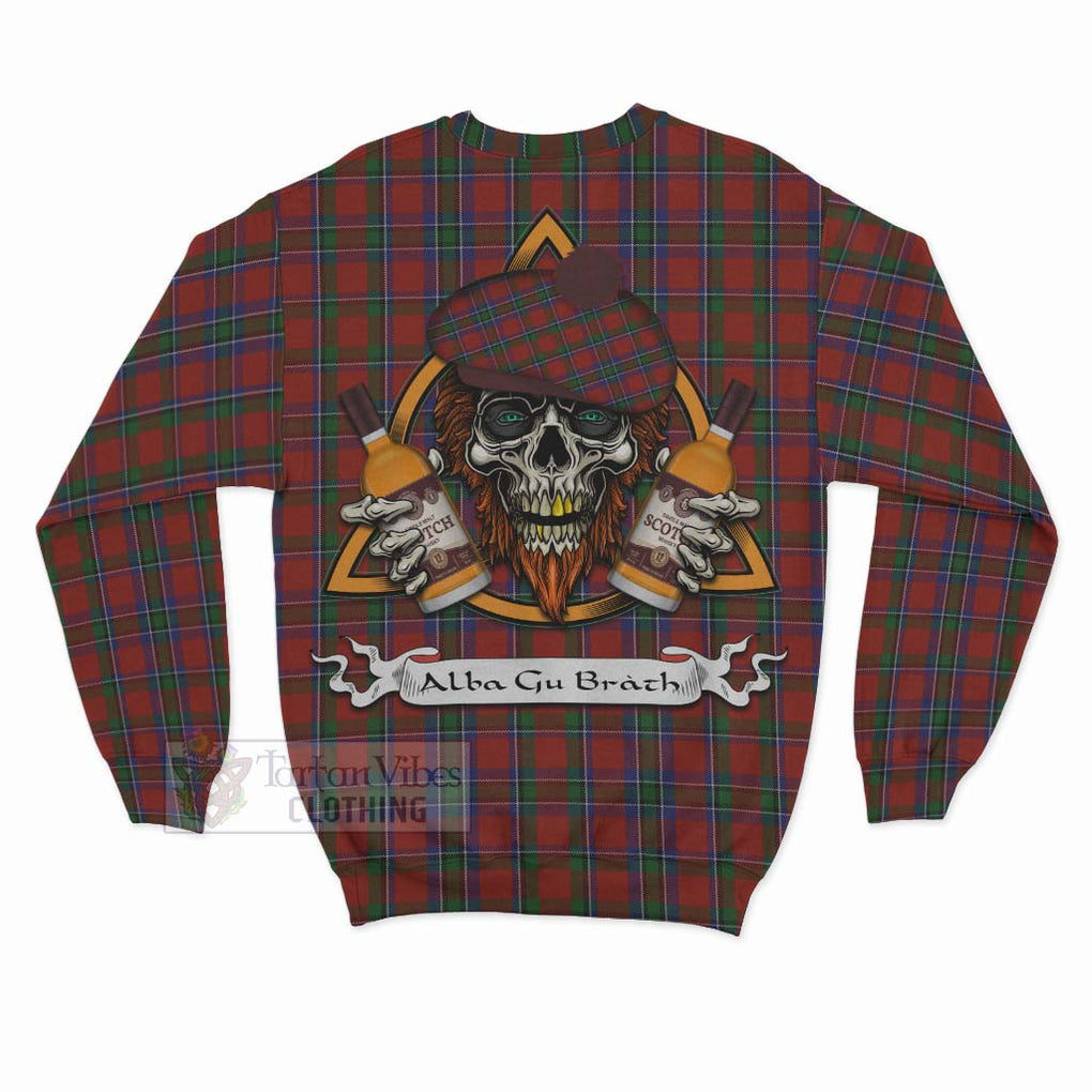 Tartan Vibes Clothing Sinclair Tartan Sweatshirt with Family Crest and Bearded Skull Holding Bottles of Whiskey