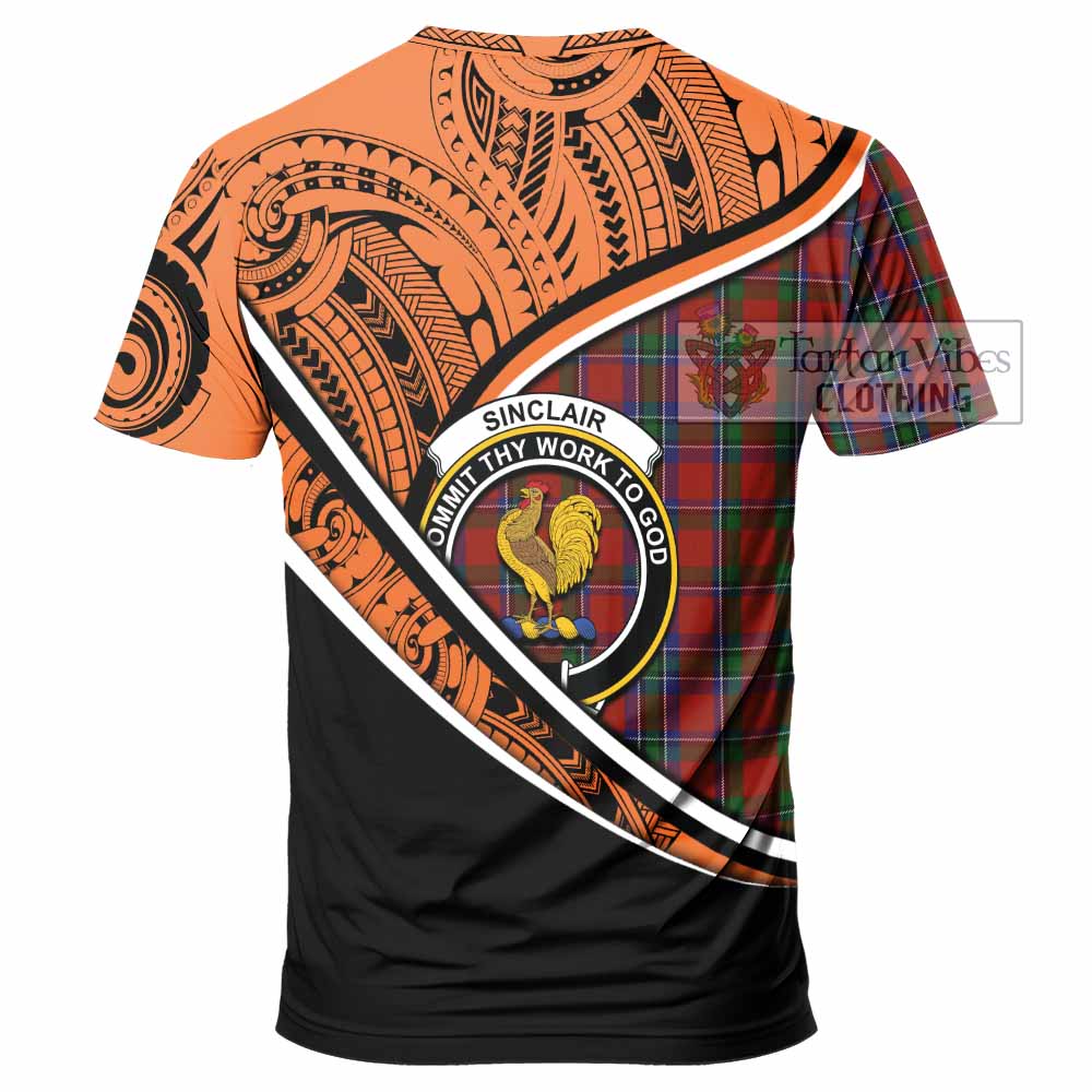 Tartan Vibes Clothing Sinclair Crest Tartan T-Shirt with Maori Tattoo Style - Orange Version