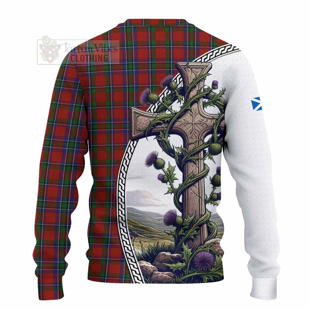 Tartan Vibes Clothing Sinclair Tartan Knitted Sweater with Family Crest and St. Andrew's Cross Accented by Thistle Vines