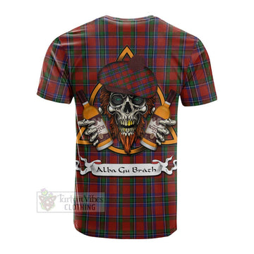 Sinclair Tartan Cotton T-shirt with Family Crest and Bearded Skull Holding Bottles of Whiskey