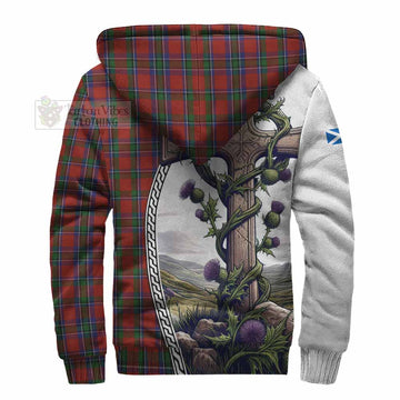 Sinclair Tartan Sherpa Hoodie with Family Crest and St. Andrew's Cross Accented by Thistle Vines