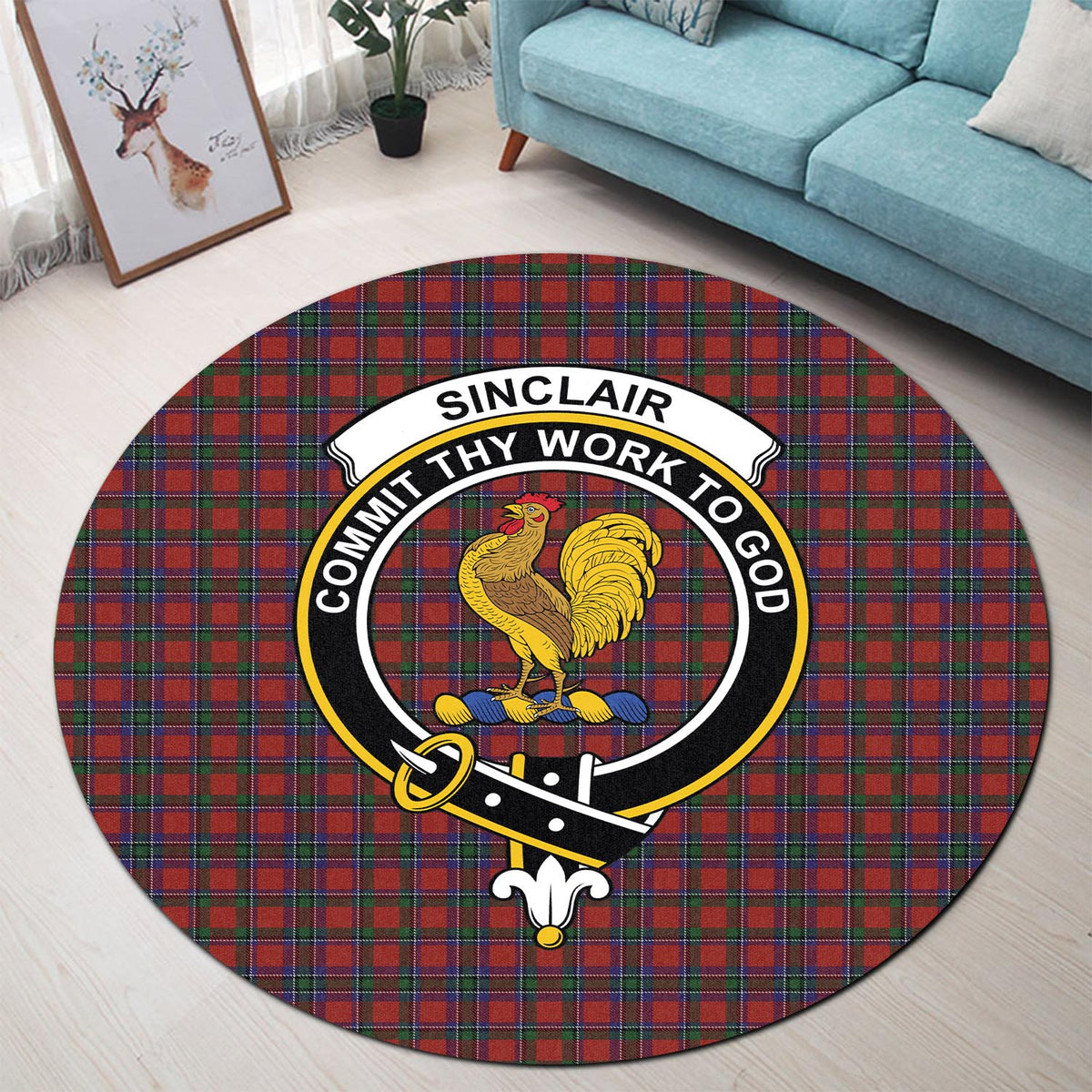 Sinclair Tartan Round Rug with Family Crest - Tartan Vibes Clothing