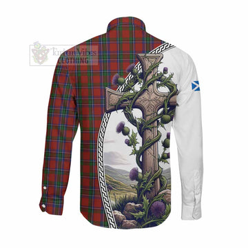 Sinclair Tartan Long Sleeve Button Shirt with Family Crest and St. Andrew's Cross Accented by Thistle Vines