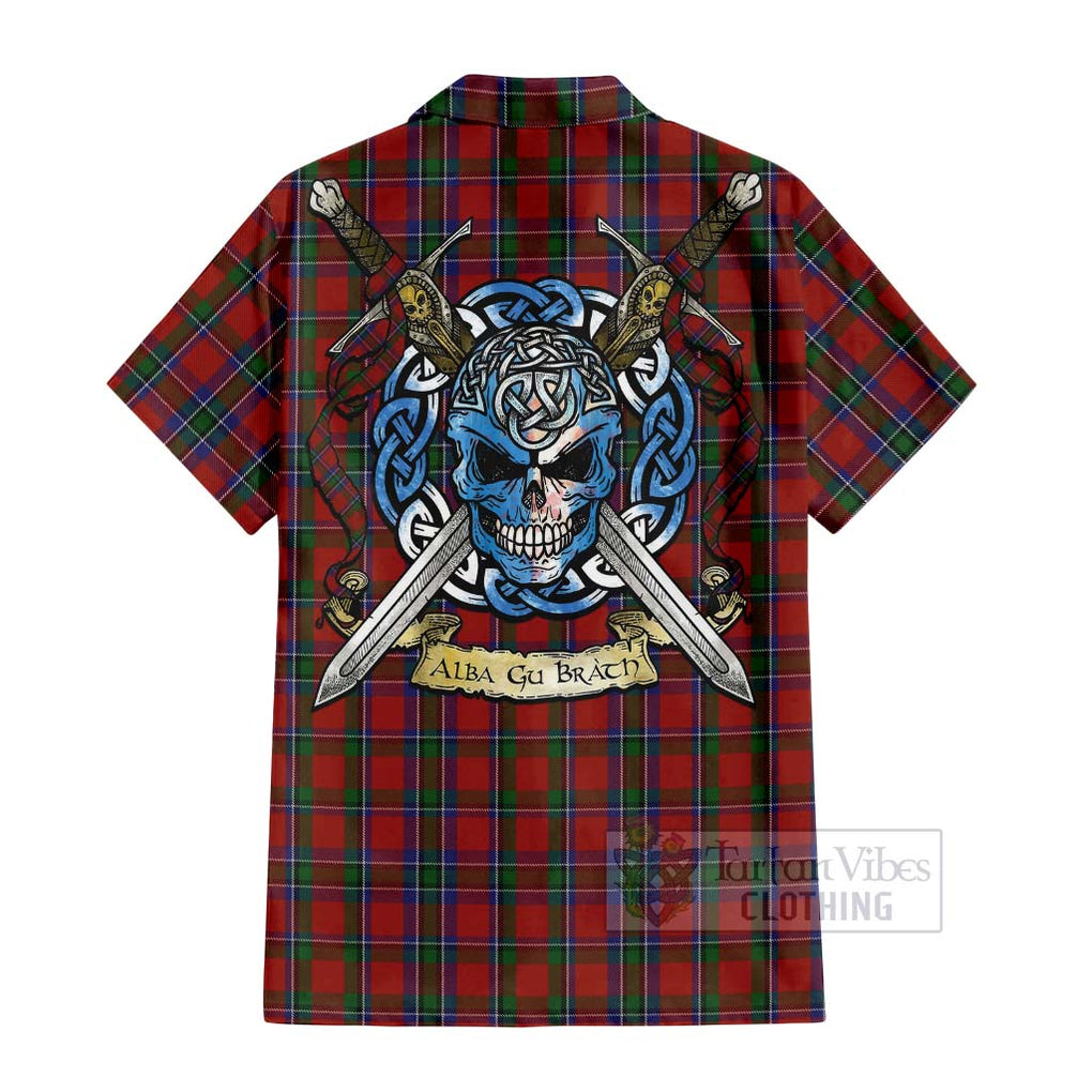 Tartan Vibes Clothing Sinclair Tartan Short Sleeve Button Shirt with Family Crest Celtic Skull Style