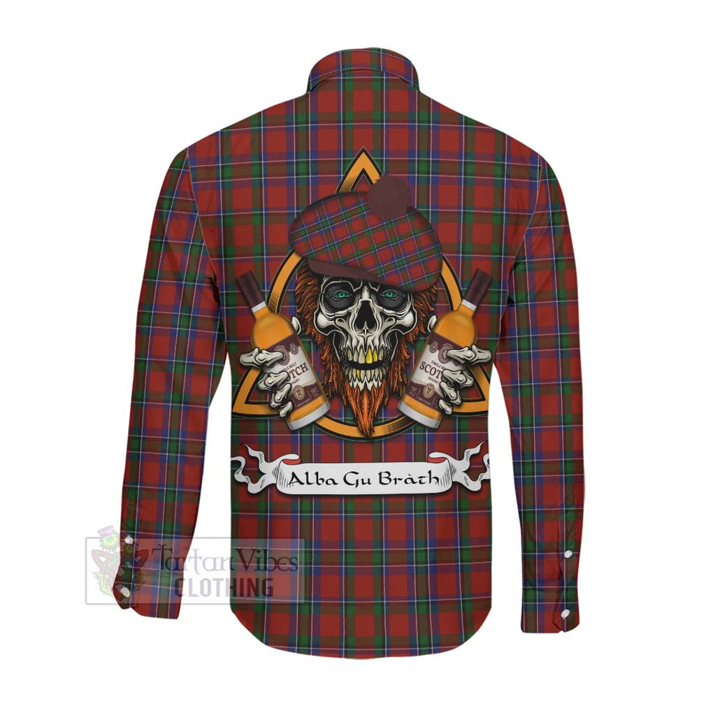 Tartan Vibes Clothing Sinclair Tartan Long Sleeve Button Shirt with Family Crest and Bearded Skull Holding Bottles of Whiskey