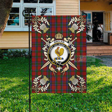 Sinclair Tartan Flag with Family Crest and Golden Thistle Crossed Sword Design