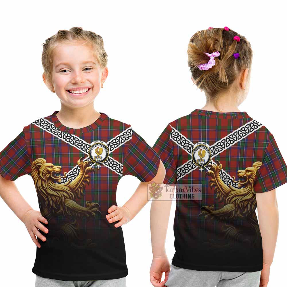 Sinclair Crest Tartan Kid T-Shirt with Golden Lion Emblem Celtic Style - Tartan Vibes Clothing