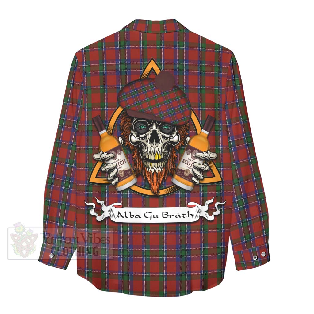 Tartan Vibes Clothing Sinclair Tartan Women's Casual Shirt with Family Crest and Bearded Skull Holding Bottles of Whiskey