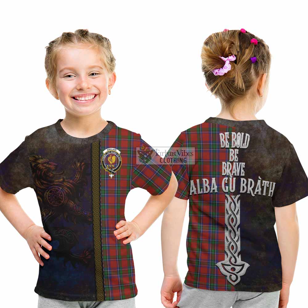 Sinclair Tartan Family Crest Kid T-Shirt Alba Gu Brath Be Brave Lion Ancient Style - Tartan Vibes Clothing