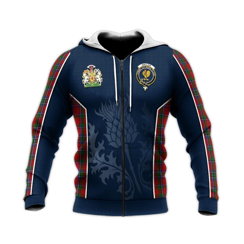 Tartan Vibes Clothing Sinclair Tartan Knitted Hoodie with Family Crest and Scottish Thistle Vibes Sport Style