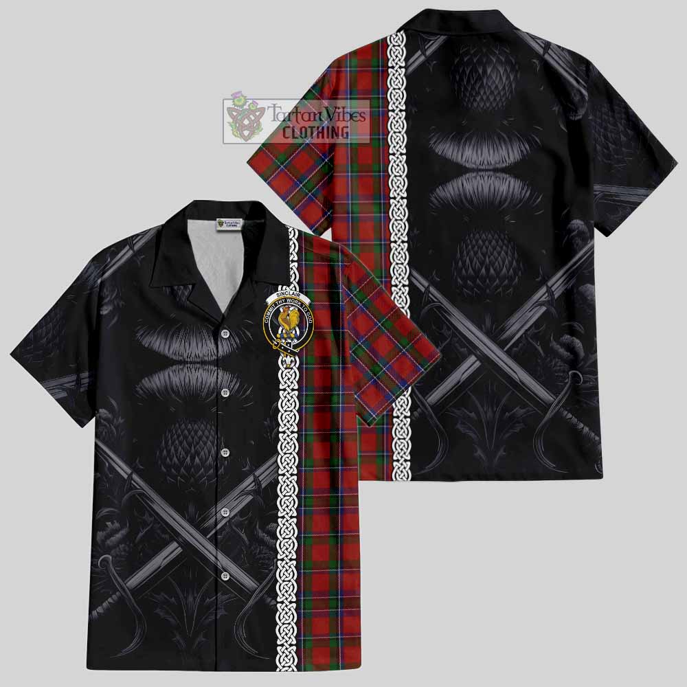 Sinclair Tartan Hawaiian Shirt with Family Crest Cross Sword Thistle Celtic Vibes - Tartan Vibes Clothing