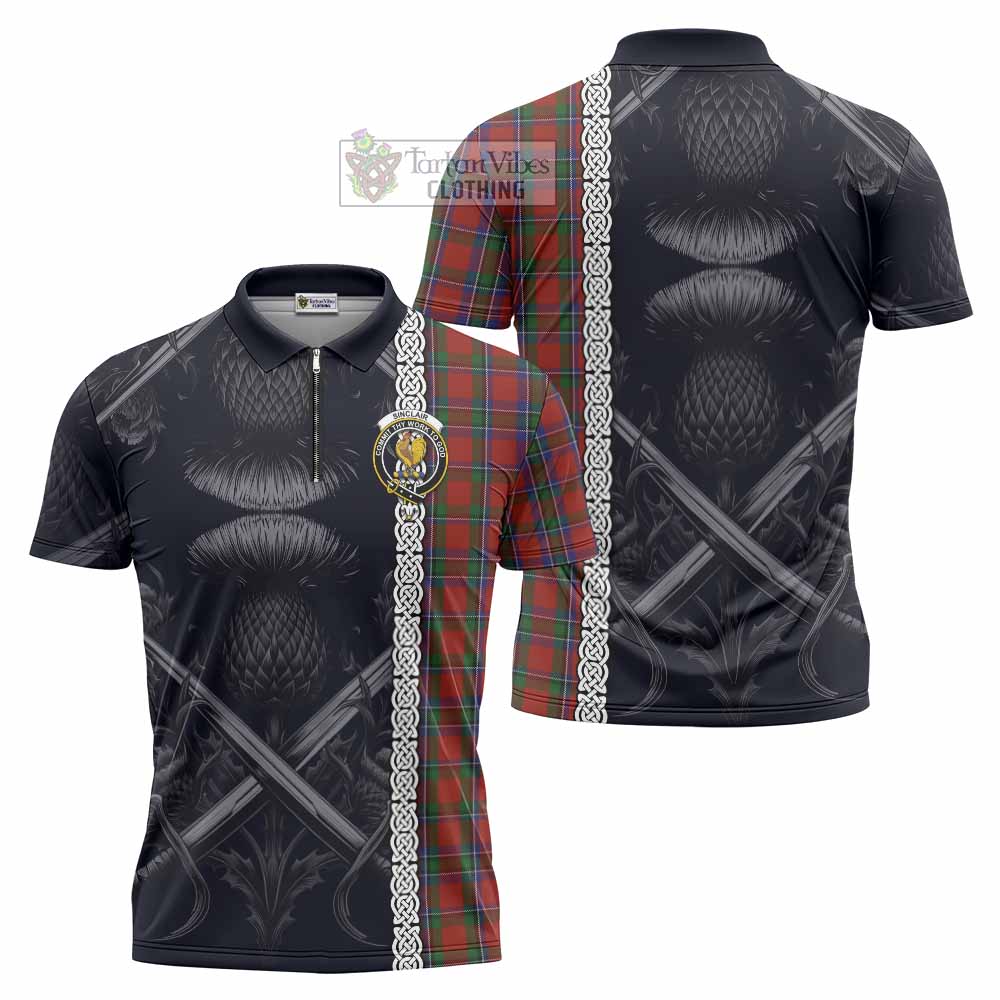 Tartan Vibes Clothing Sinclair Tartan Zipper Polo Shirt with Family Crest Cross Sword Thistle Celtic Vibes