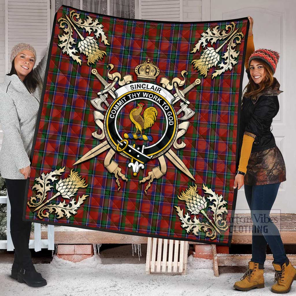 Tartan Vibes Clothing Sinclair Tartan Quilt with Family Crest and Scottish Golden Courage Shield