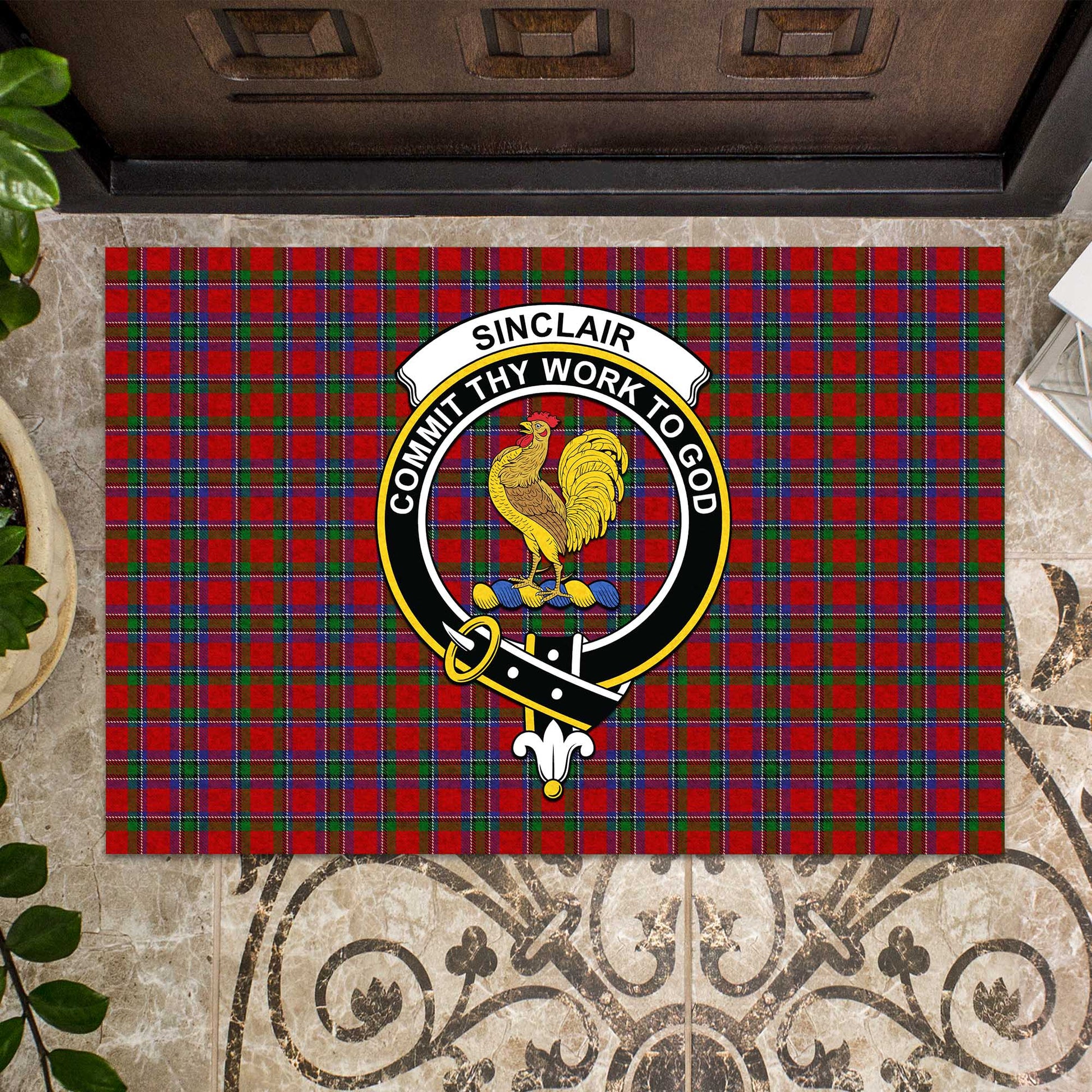 Sinclair Tartan Door Mat with Family Crest - Tartanvibesclothing Shop