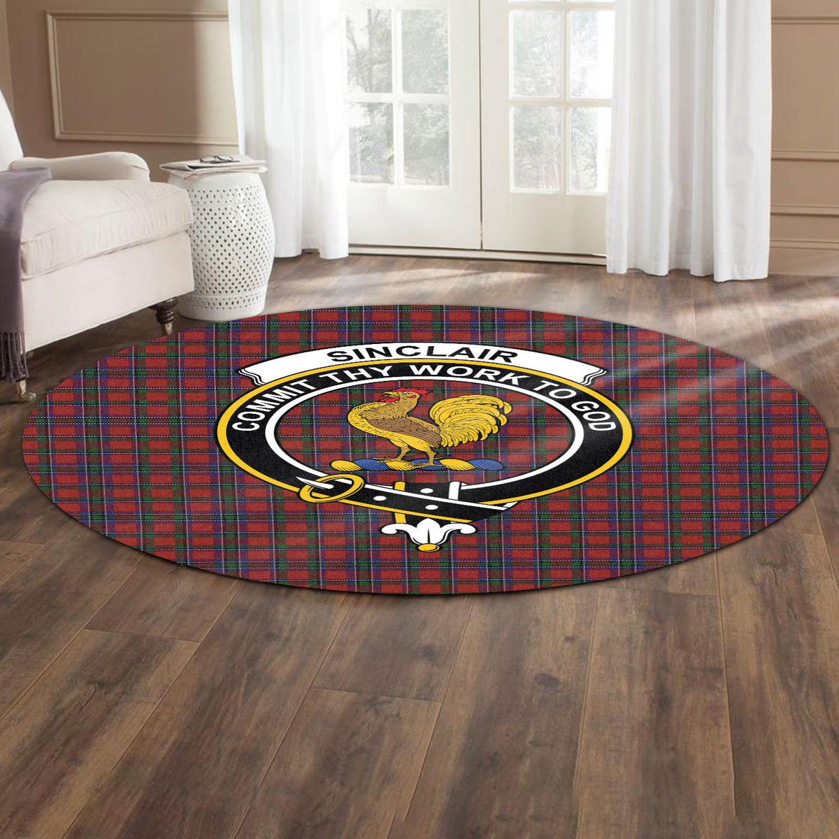 Sinclair Tartan Round Rug with Family Crest - Tartan Vibes Clothing